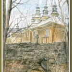 Komańcza - cerkiew opieki Matki Boskiej 1800-1803, dzwonnica 1834 ( spłonęła 2006) akwarela A5
