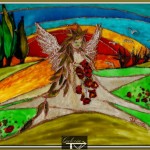 Anioł polny, szkło malowane, 18x24