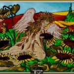 Anioł słonecznikowy, szkło malowane, 18x24