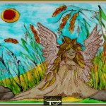 Anioł wśródtrawny, szkło malowane, 18x24